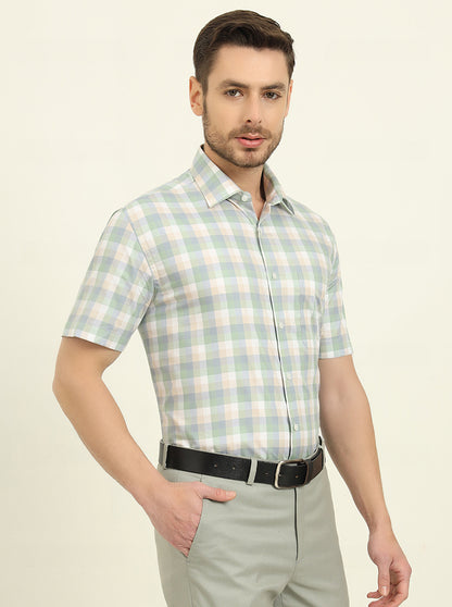 Green Checked Regular Fit Formal Shirt | JadeBlue