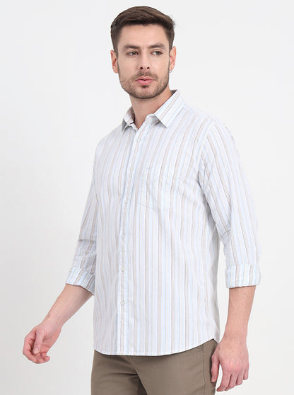 Sky Blue & White Striped Slim Fit Casual Shirt | JadeBlue