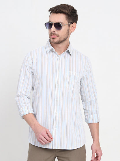 Sky Blue & White Striped Slim Fit Casual Shirt | JadeBlue