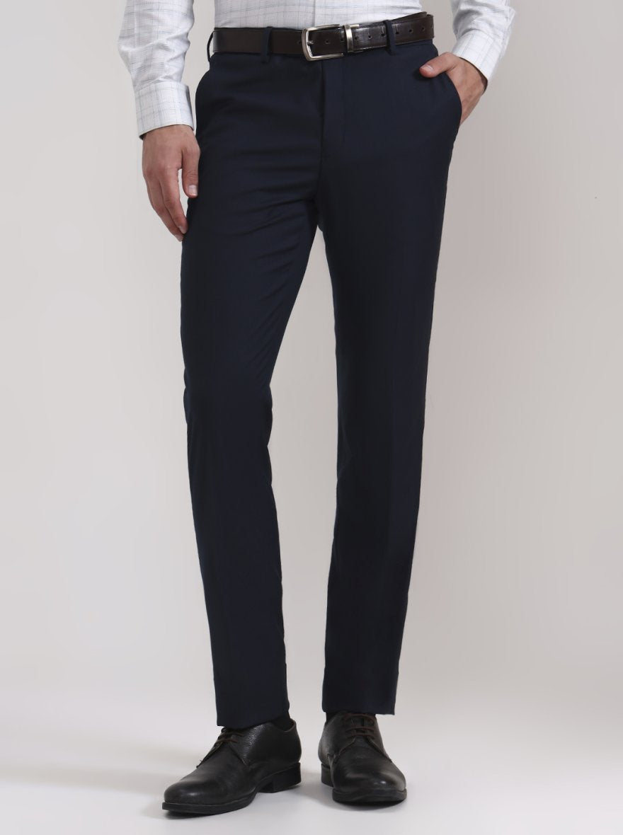 Navy Blue Solid Slim Fit Formal Trouser | Metal