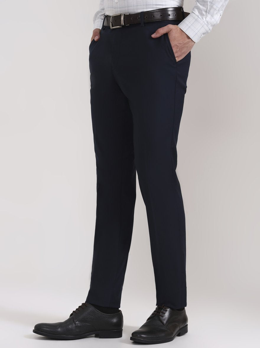 Navy Blue Solid Slim Fit Formal Trouser | Metal