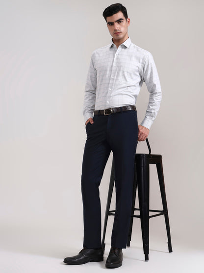 Navy Blue Solid Slim Fit Formal Trouser | Metal