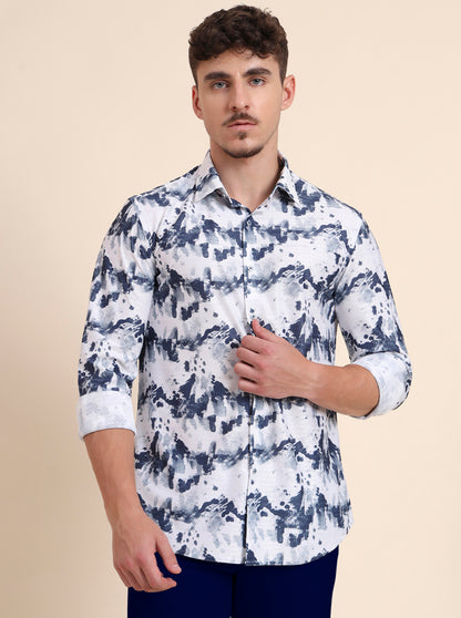 White & Blue Printed Slim Fit Party Wear Shirt | Wyre