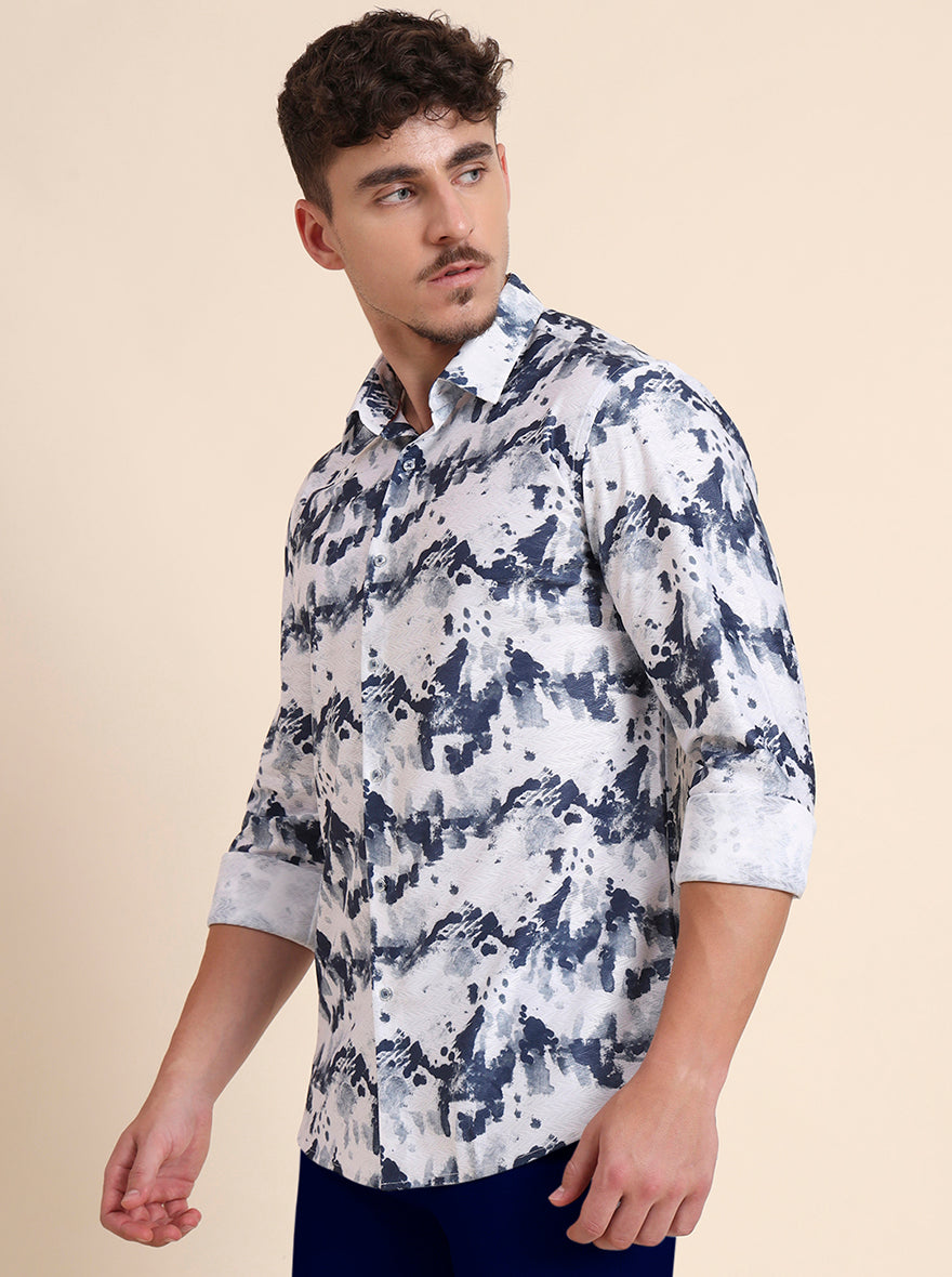 White & Blue Printed Slim Fit Party Wear Shirt | Wyre