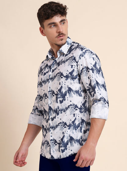 White & Blue Printed Slim Fit Party Wear Shirt | Wyre