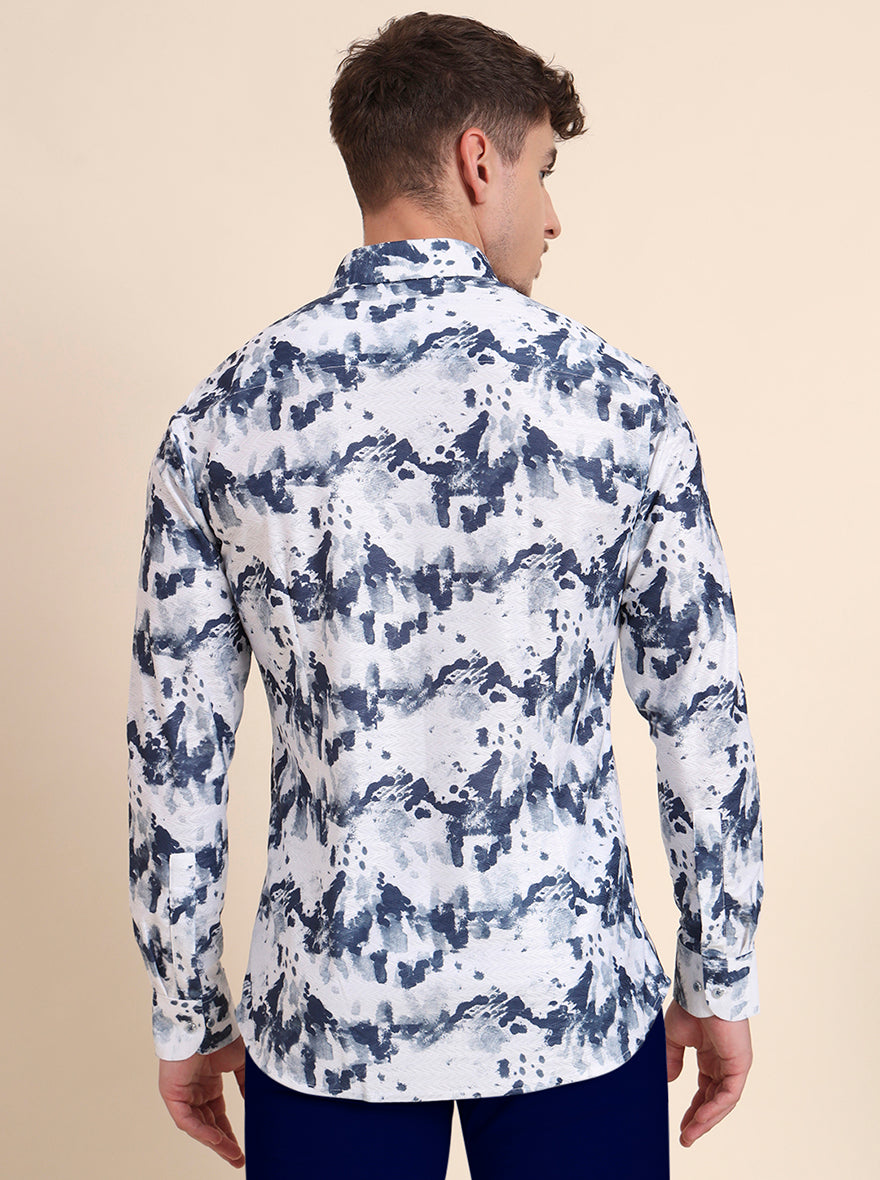 White & Blue Printed Slim Fit Party Wear Shirt | Wyre
