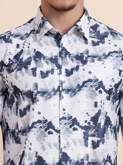 White & Blue Printed Slim Fit Party Wear Shirt | Wyre