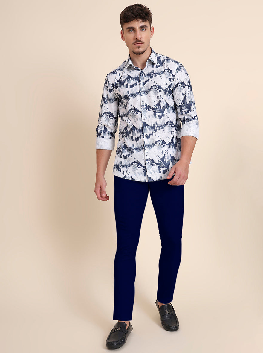 White & Blue Printed Slim Fit Party Wear Shirt | Wyre