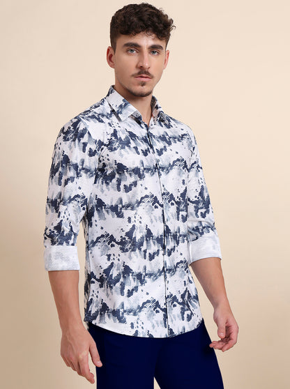 White & Blue Printed Slim Fit Party Wear Shirt | Wyre