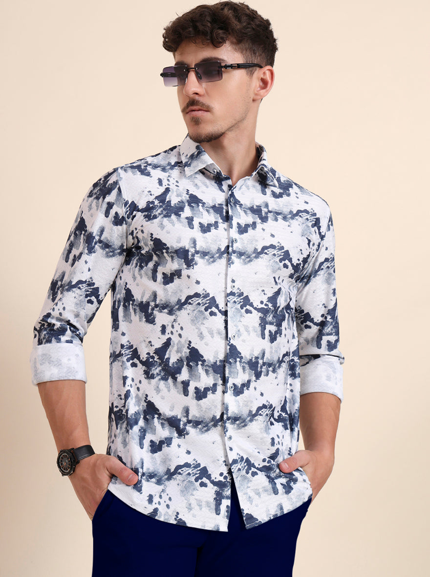 White & Blue Printed Slim Fit Party Wear Shirt | Wyre