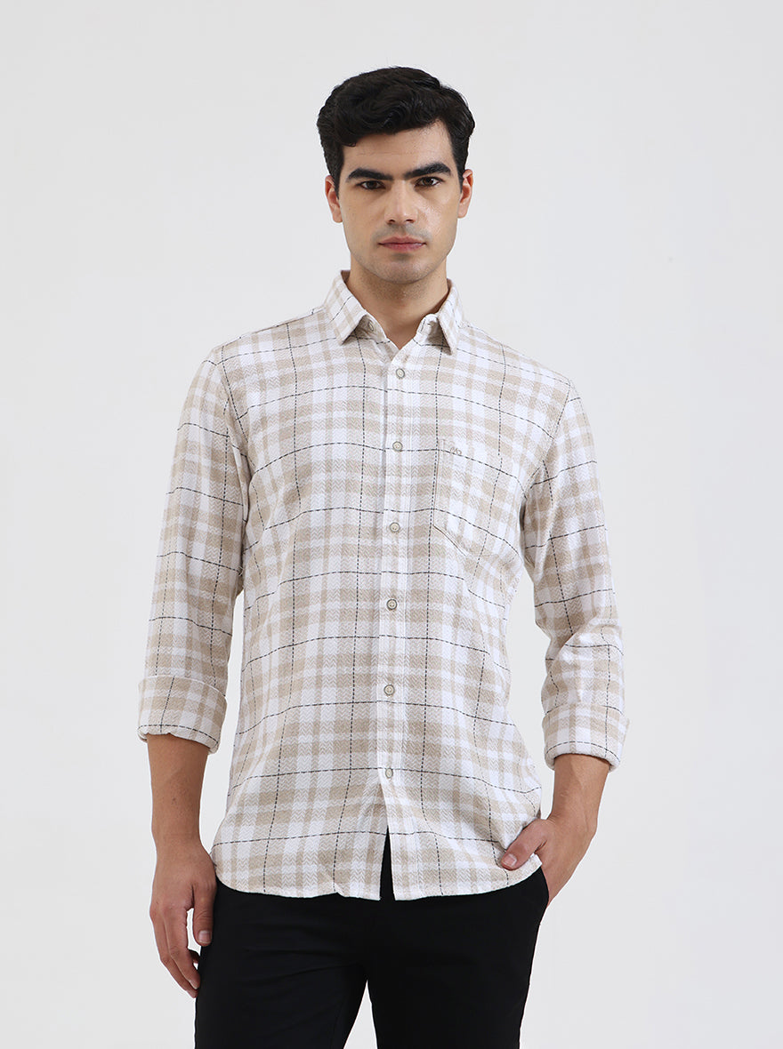 Beige Checked Slim Fit Casual Shirt | JadeBlue