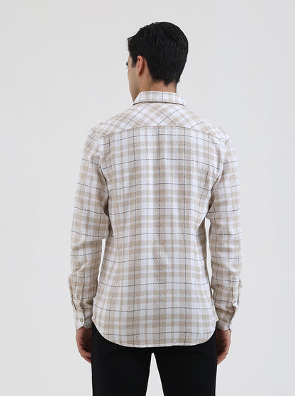 Beige Checked Slim Fit Casual Shirt | JadeBlue