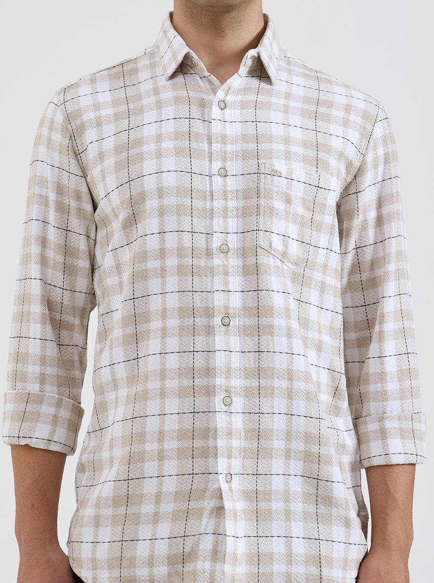 Beige Checked Slim Fit Casual Shirt | JadeBlue