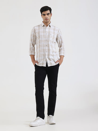 Beige Checked Slim Fit Casual Shirt | JadeBlue