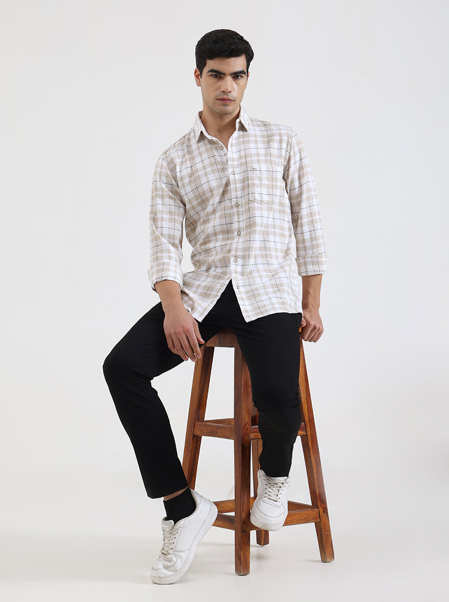 Beige Checked Slim Fit Casual Shirt | JadeBlue