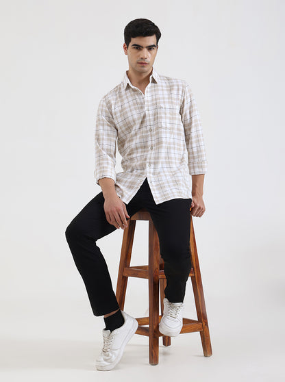 Beige Checked Slim Fit Casual Shirt | JadeBlue