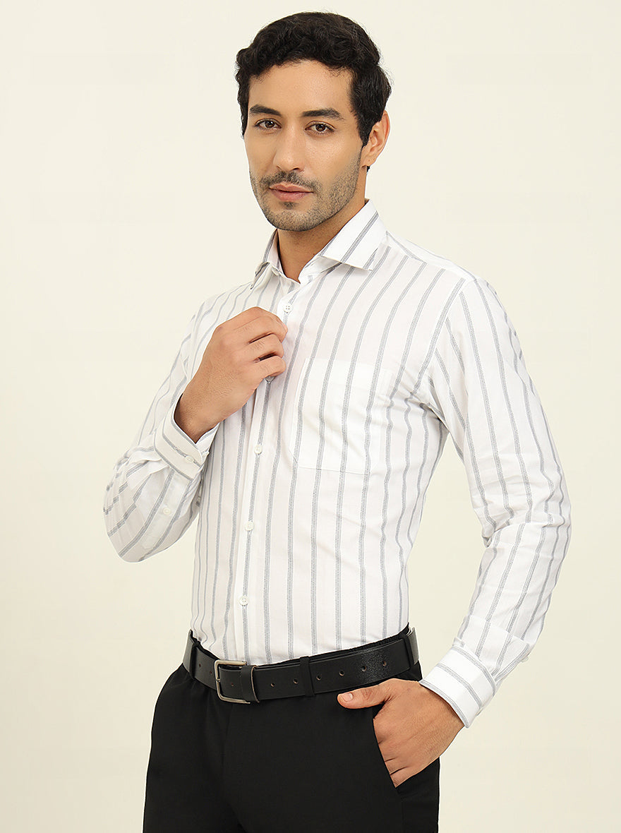 White & Black Striped Slim Fit Formal Shirt | Metal