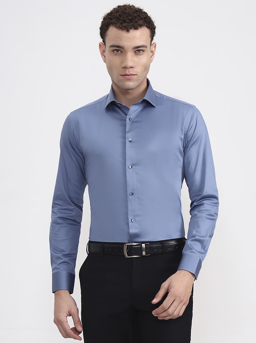 Sea Blue Solid Slim Fit Party Wear Shirt | Wyre