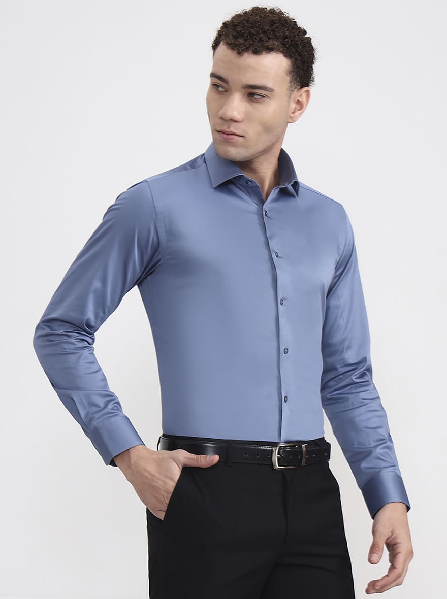 Sea Blue Solid Slim Fit Party Wear Shirt | Wyre