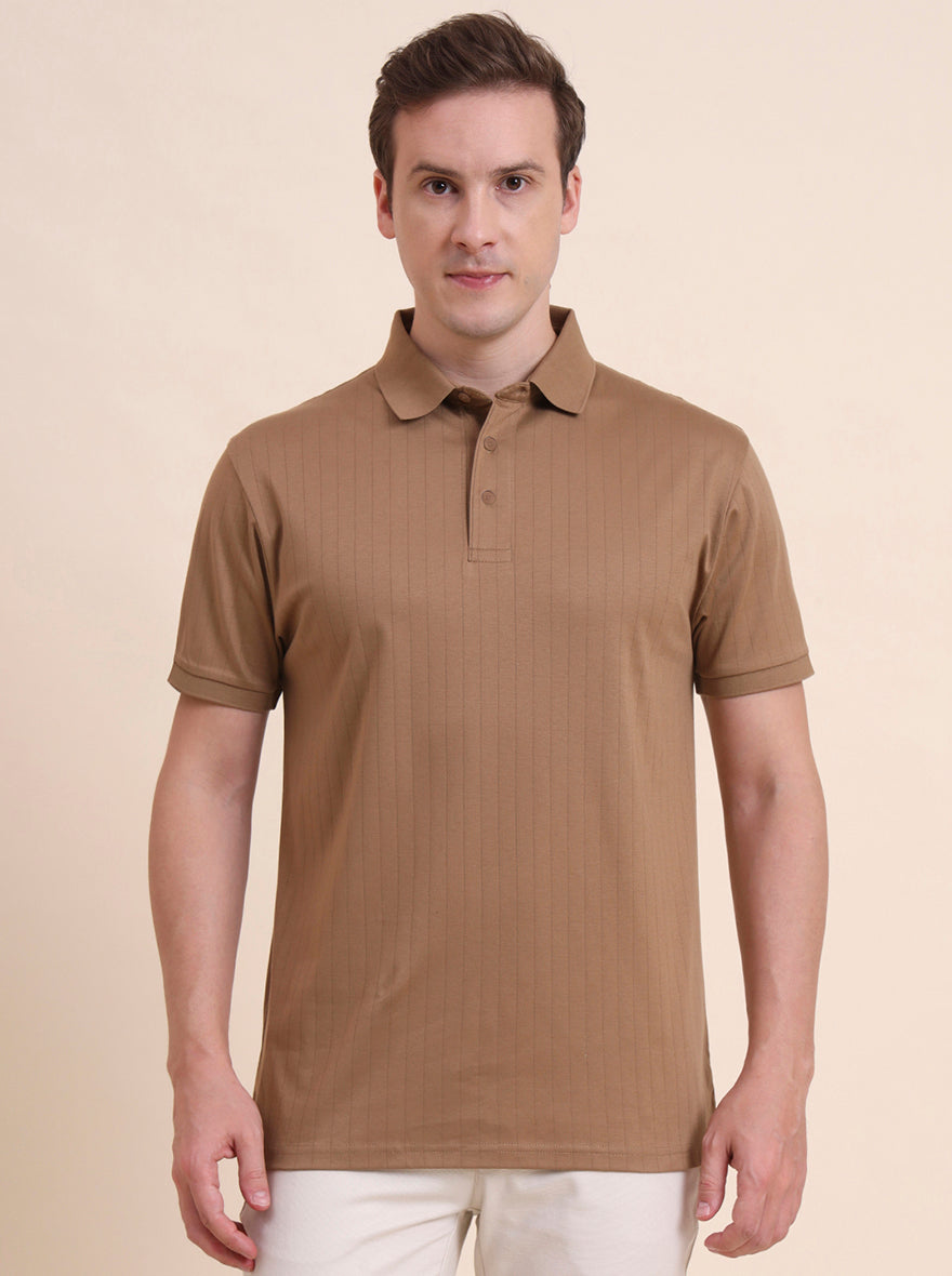 Khaki Striped Regular Fit Polo T-Shirt | JadeBlue