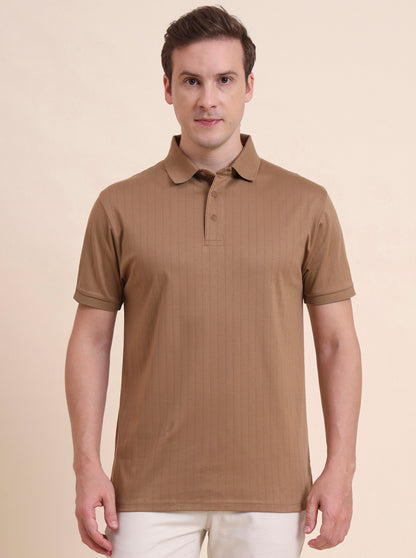 Khaki Striped Regular Fit Polo T-Shirt | JadeBlue