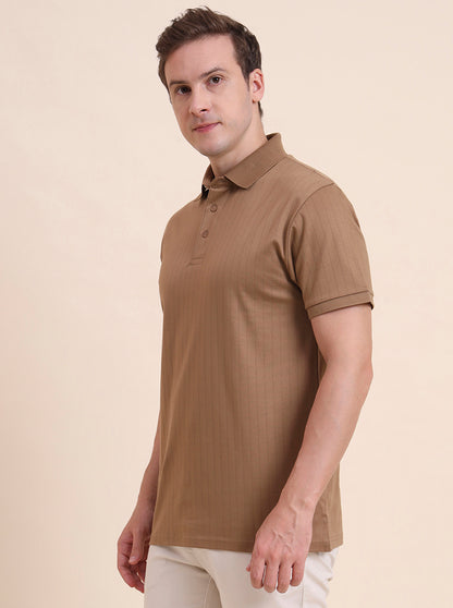 Khaki Striped Regular Fit Polo T-Shirt | JadeBlue