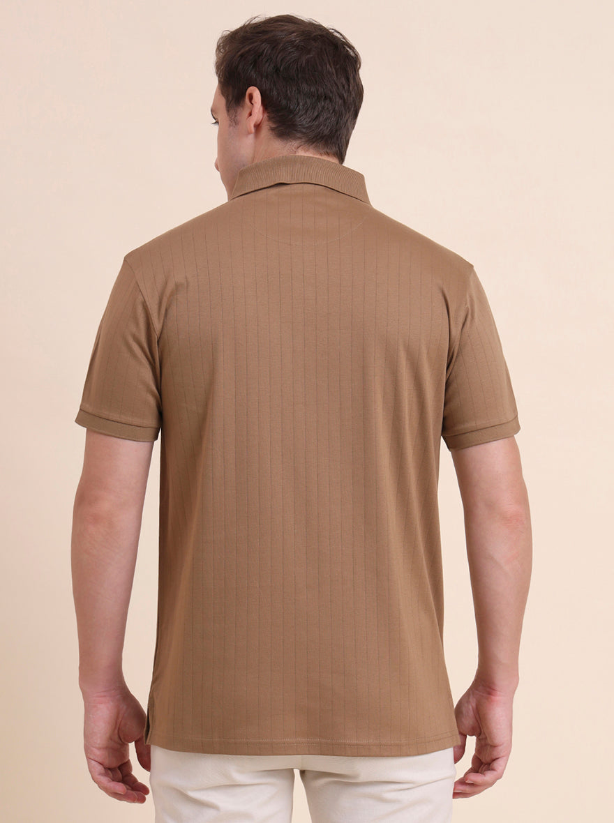 Khaki Striped Regular Fit Polo T-Shirt | JadeBlue