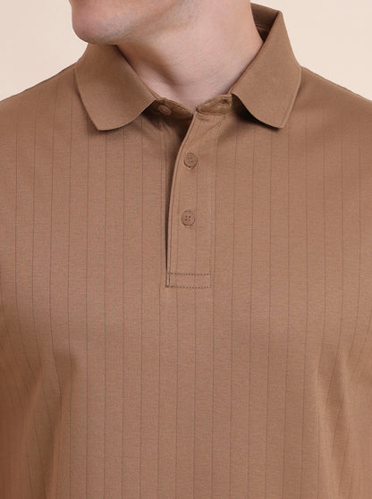 Khaki Striped Regular Fit Polo T-Shirt | JadeBlue