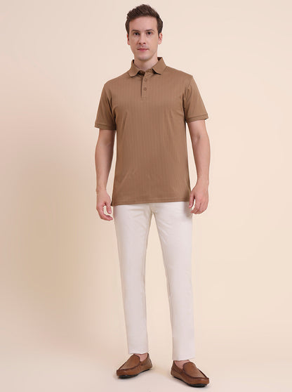 Khaki Striped Regular Fit Polo T-Shirt | JadeBlue