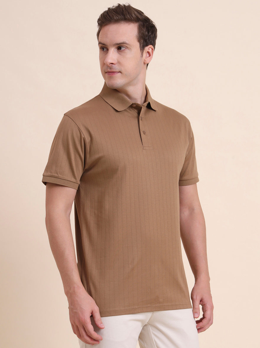 Khaki Striped Regular Fit Polo T-Shirt | JadeBlue