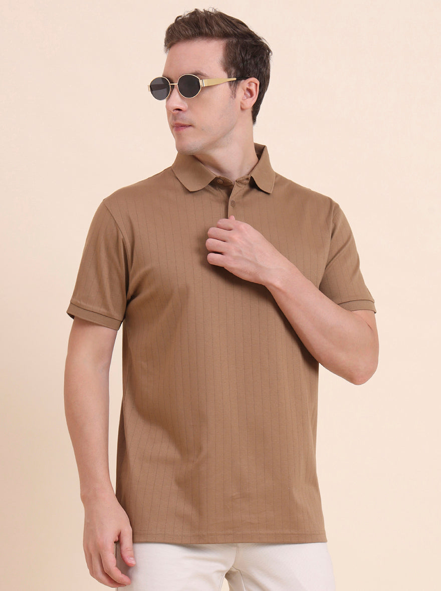 Khaki Striped Regular Fit Polo T-Shirt | JadeBlue