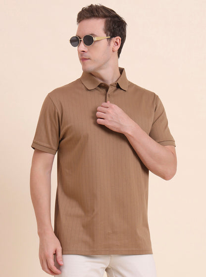 Khaki Striped Regular Fit Polo T-Shirt | JadeBlue