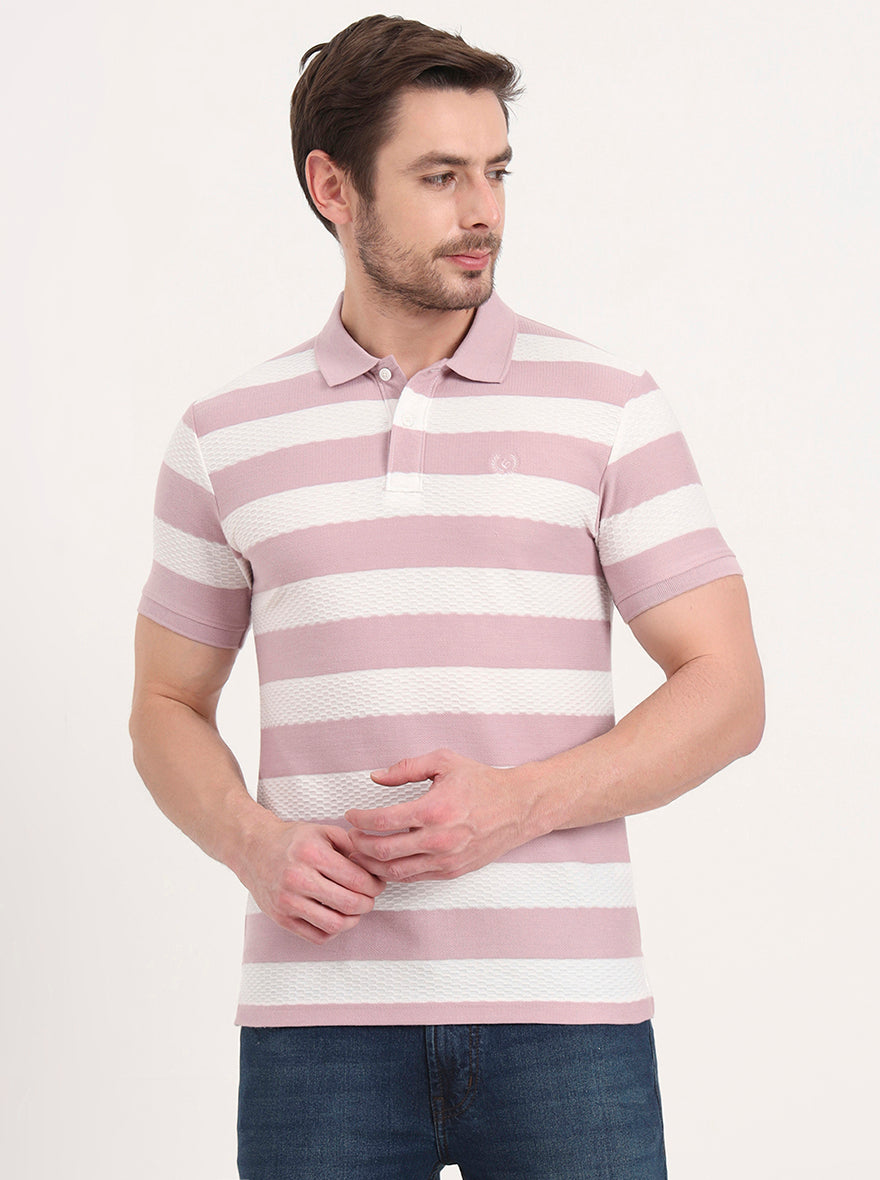 White & Mauve Striped Slim Fit Polo T-Shirt | Greenfibre