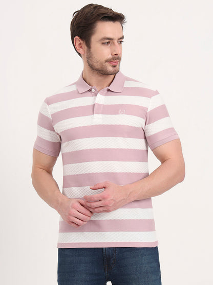 White & Mauve Striped Slim Fit Polo T-Shirt | Greenfibre