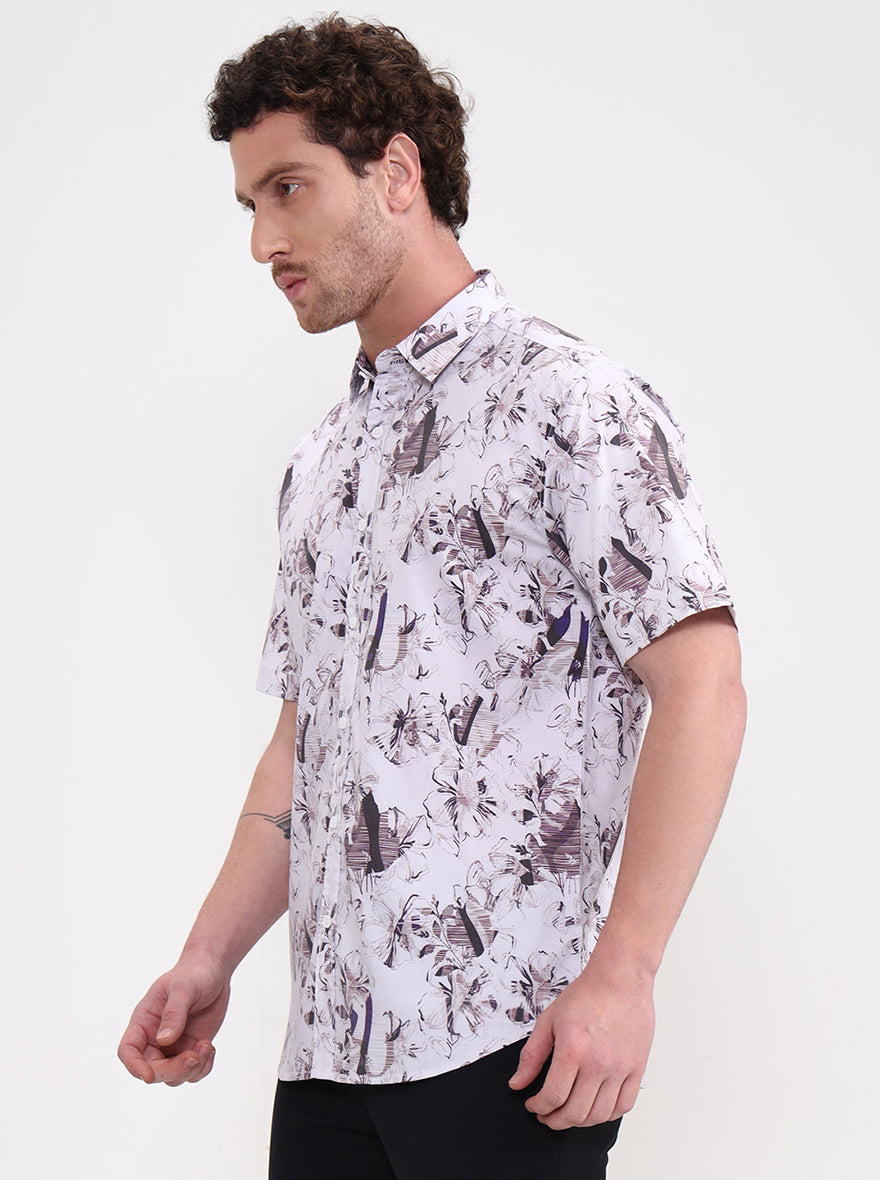 Light Grey Printed Slim Fit Casual Shirt | Greenfibre