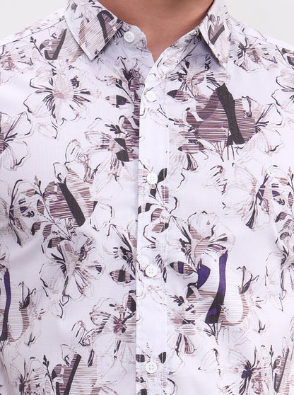 Light Grey Printed Slim Fit Casual Shirt | Greenfibre
