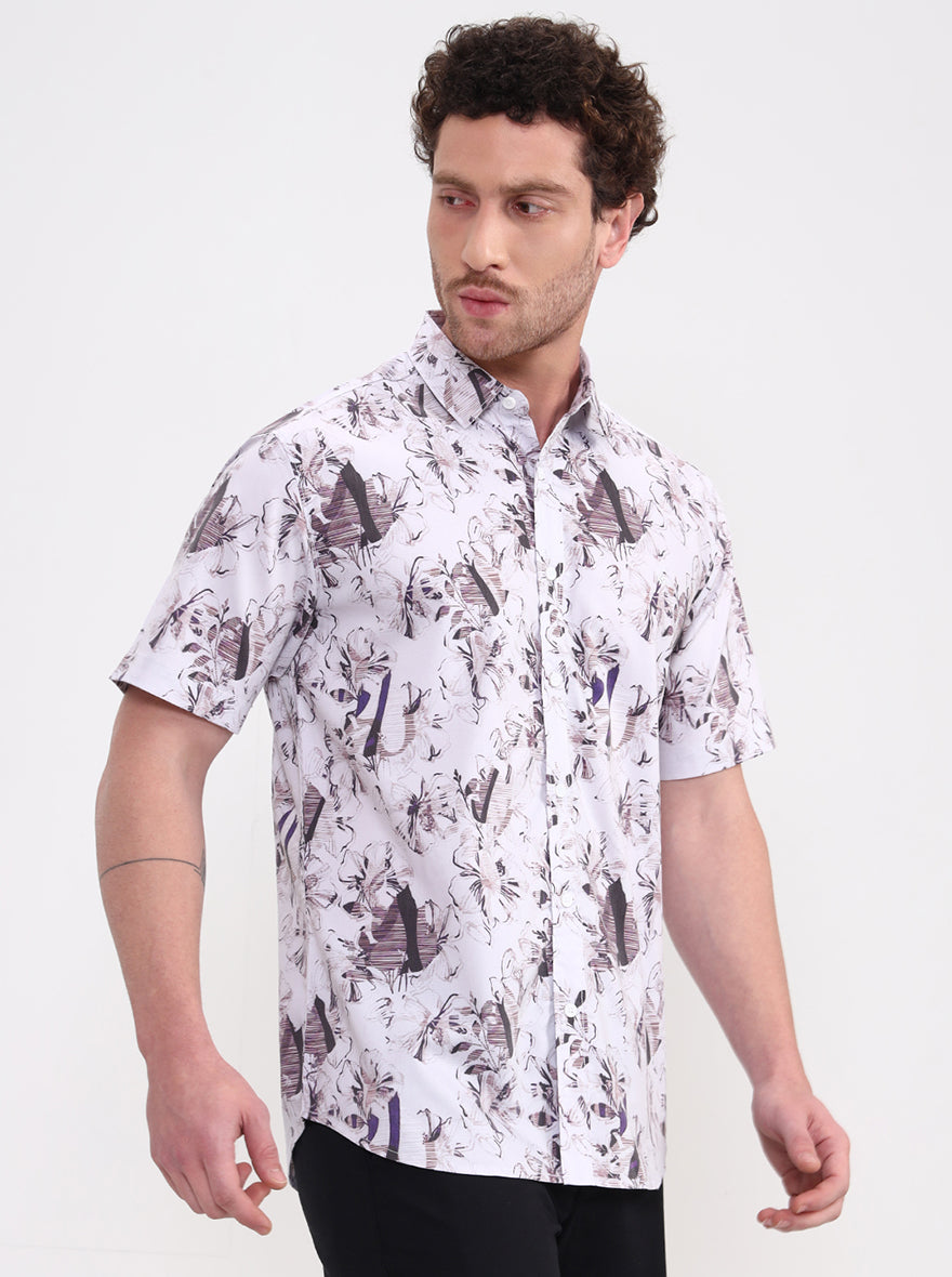 Light Grey Printed Slim Fit Casual Shirt | Greenfibre