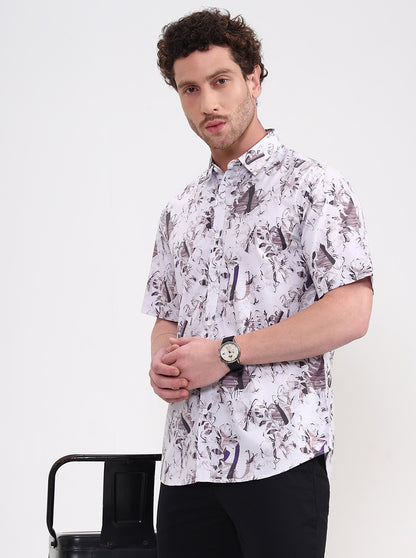 Light Grey Printed Slim Fit Casual Shirt | Greenfibre
