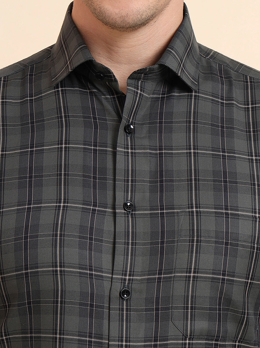 Dark Green Checked Regular Fit Formal Shirt | Greenfibre