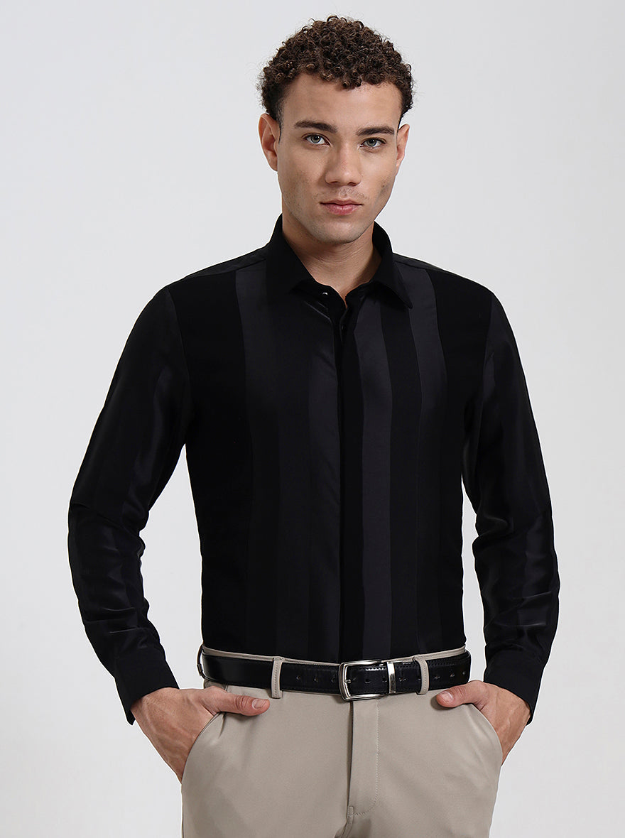 Black Striped Slim Fit Party Wear Shirt | Wyre