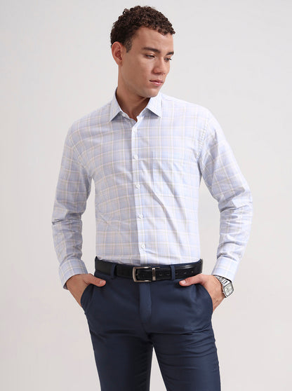 Sky Blue & Green Checked Regular Fit Formal Shirt | JadeBlue