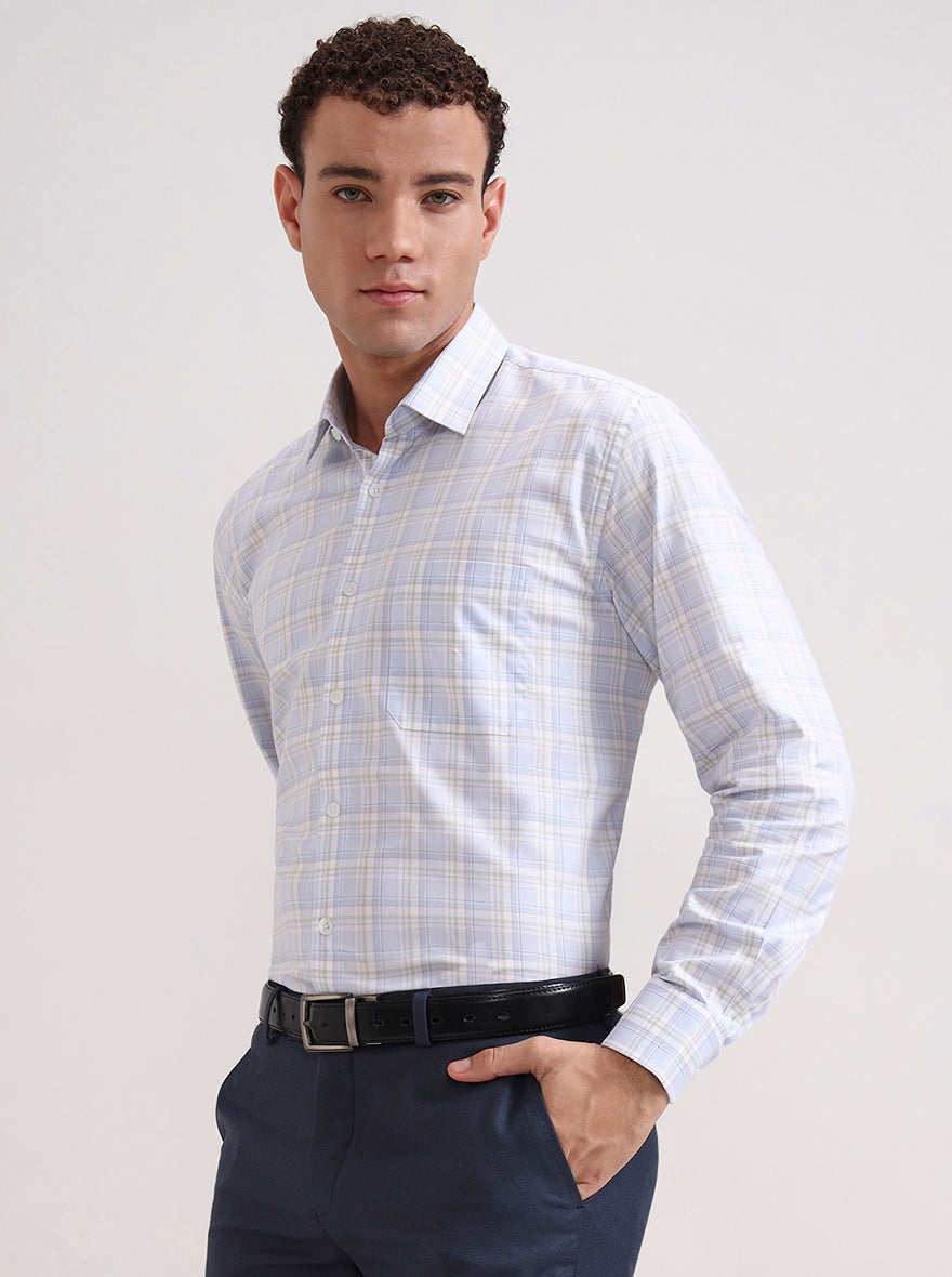 Sky Blue & Green Checked Regular Fit Formal Shirt | JadeBlue