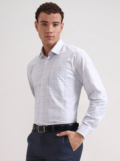 Sky Blue & Green Checked Regular Fit Formal Shirt | JadeBlue
