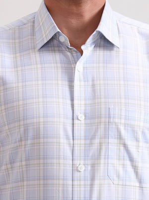 Sky Blue & Green Checked Regular Fit Formal Shirt | JadeBlue