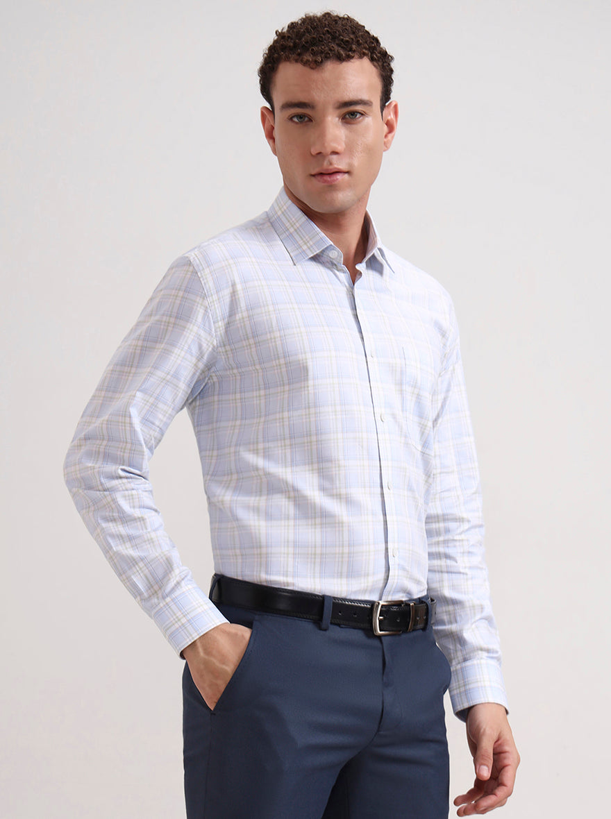 Sky Blue & Green Checked Regular Fit Formal Shirt | JadeBlue