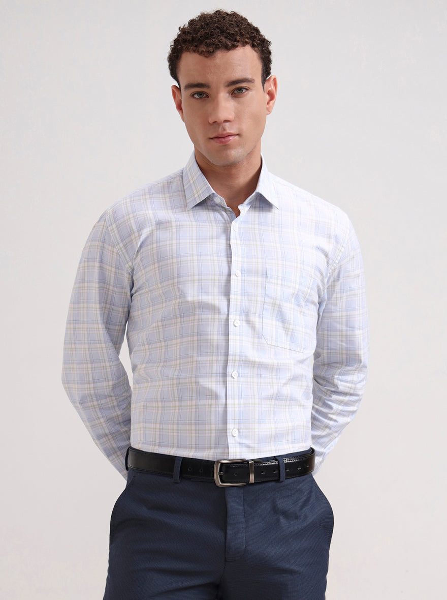 Sky Blue & Green Checked Regular Fit Formal Shirt | JadeBlue