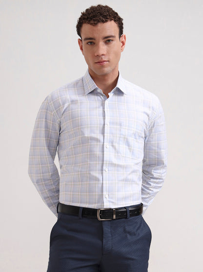 Sky Blue & Green Checked Regular Fit Formal Shirt | JadeBlue