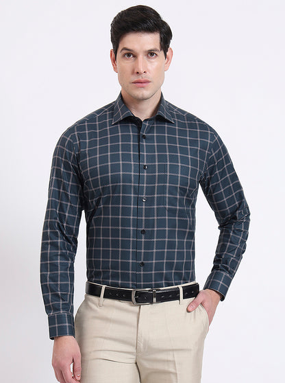 Green Checked Slim Fit Formal Shirt | Metal