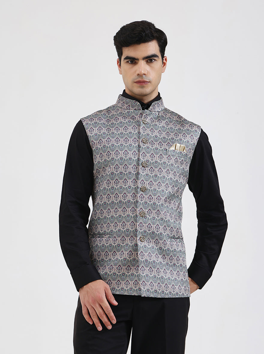 Green Printed Regular Fit Waistcoat | JB Studio