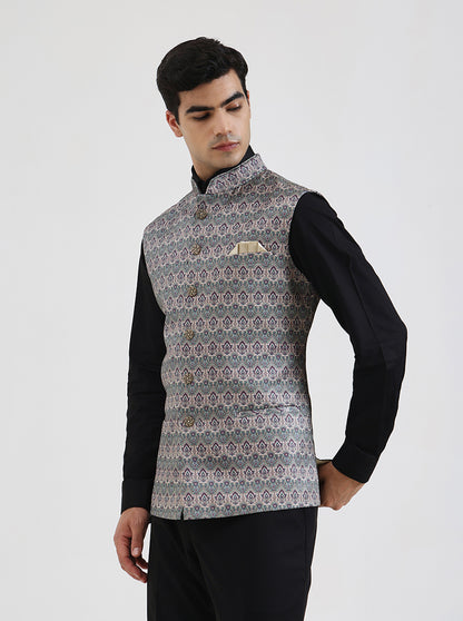 Green Printed Regular Fit Waistcoat | JB Studio